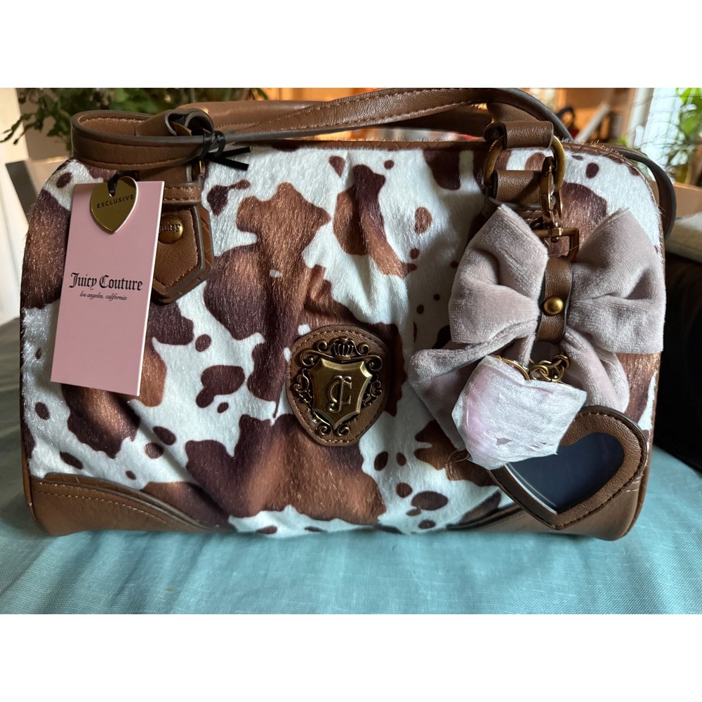 Juicy Couture Juicy Romance Cow Satchel Bag Faux Fur Saddle Brown White New